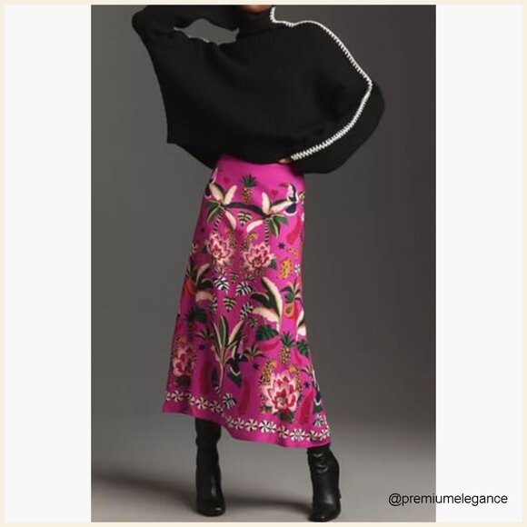 Midi Skirt High Waist Zipper A-Line Floral Print Polyester Spandex - Picture 3 of 7